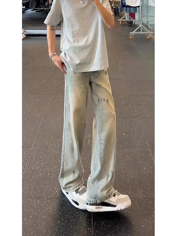 

Синие винтажные джинсовые джинсы с царапанными брызгами, мужские повседневные брюки с прямыми штанинами, осенние джинсы с завышенной талией High Street Vibe