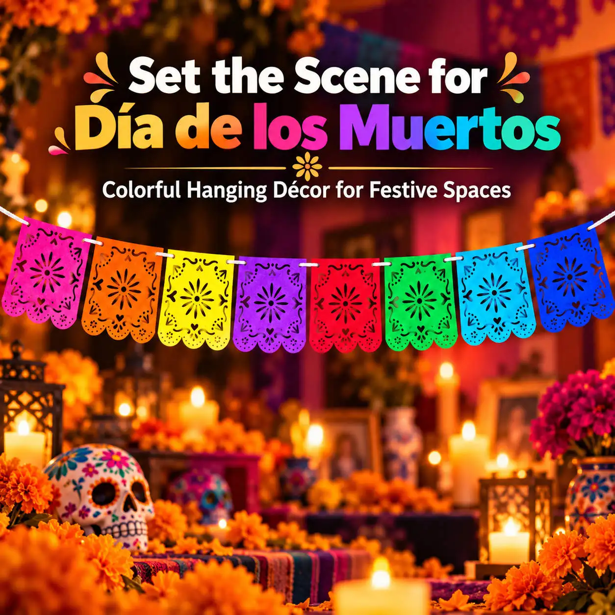 Mexikanische Partydekorationen Banner, Bunte Día De Los Muertos Papel Picado Banner, Karneval Geburtstag Babyparty Party Dekor – Detail 8