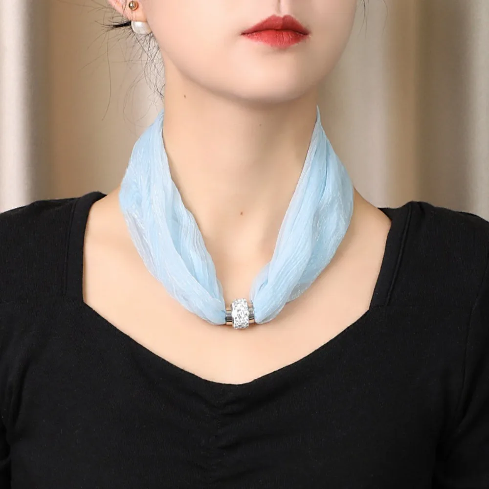 Fashion Magnetic Buckle Women Scarf Solid Color Soft Silk Scarf Neckerchief