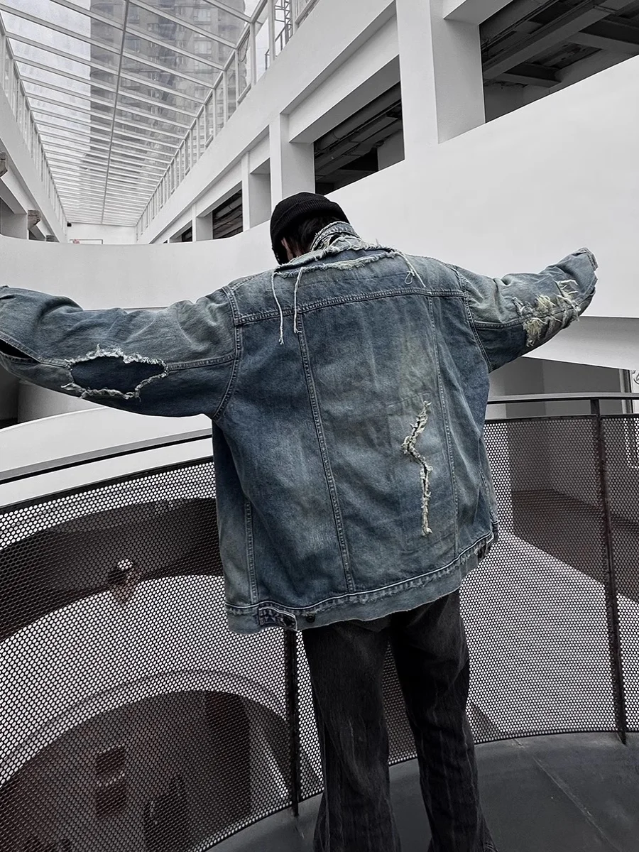 

Waed Vintage Patchwork Denim Jaet ex Street Sle Loose Casual Hole Design Long Sve Coat for Youth Autumn Winter