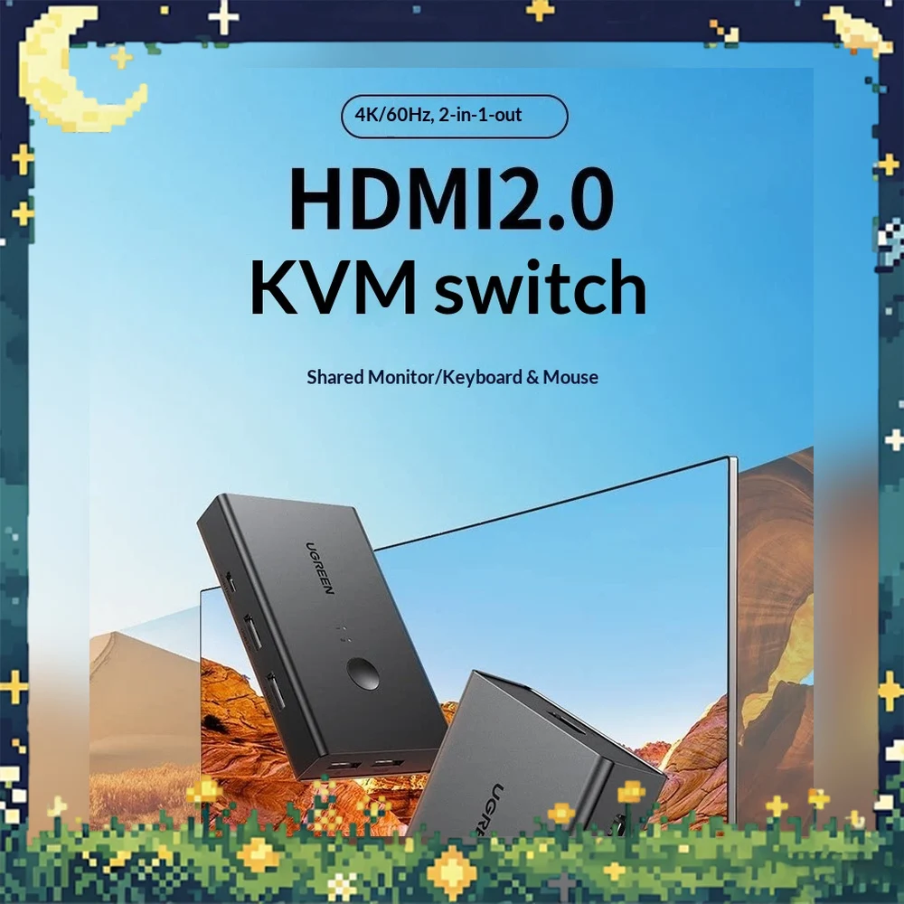 UGREEN 90478 CM571 HDMI 2.0 KVM Switch 2 In 1 Out 4K 60Hz for Two Computers One Monitor Keyboard Mouse