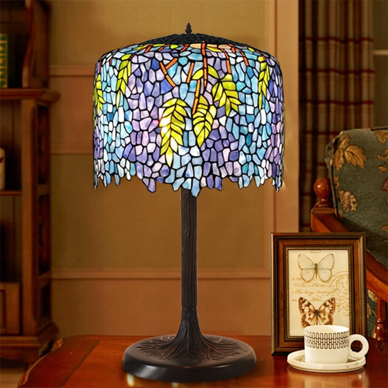 Blue Mediterranean beautiful Wisteria Living room Table Lamp Tiffany Stained Glass Shade Creative atmosphere Study Lamp