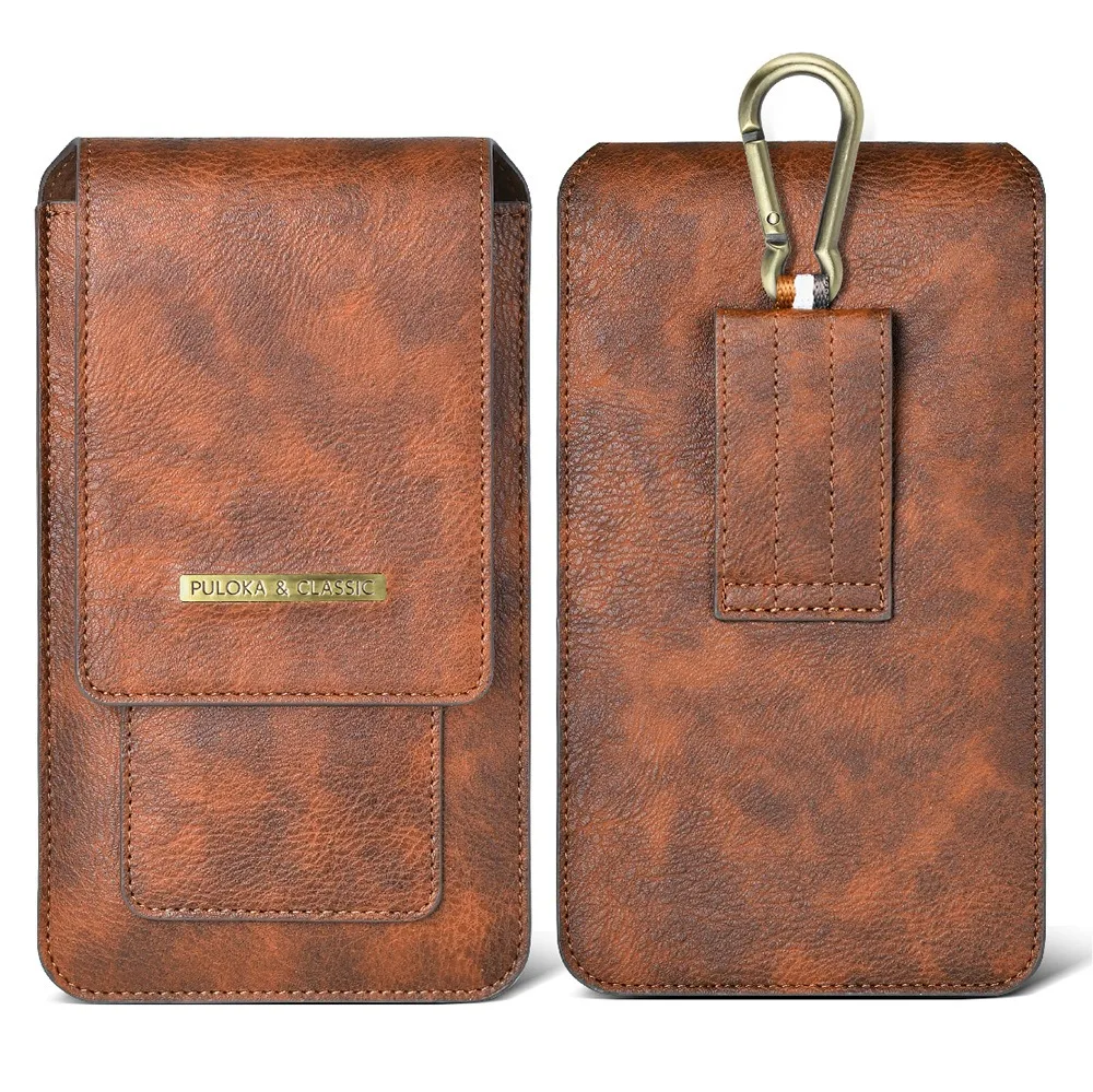 High Quality Horse Leather Waist Belt Phone Bag Double Layer with Loop Outdoor Bags Vertical Card Holder for 6.9-7.2inch Phone