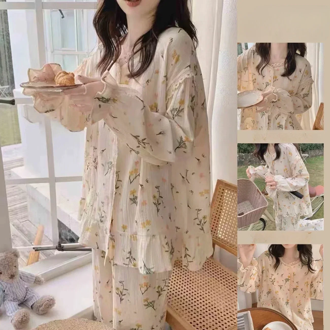 New Women's Spring and Autumn Tulle Floral Print Pajamas Girls Apricot Lace Cardigan Loungewear Set Pajamas 2pcs