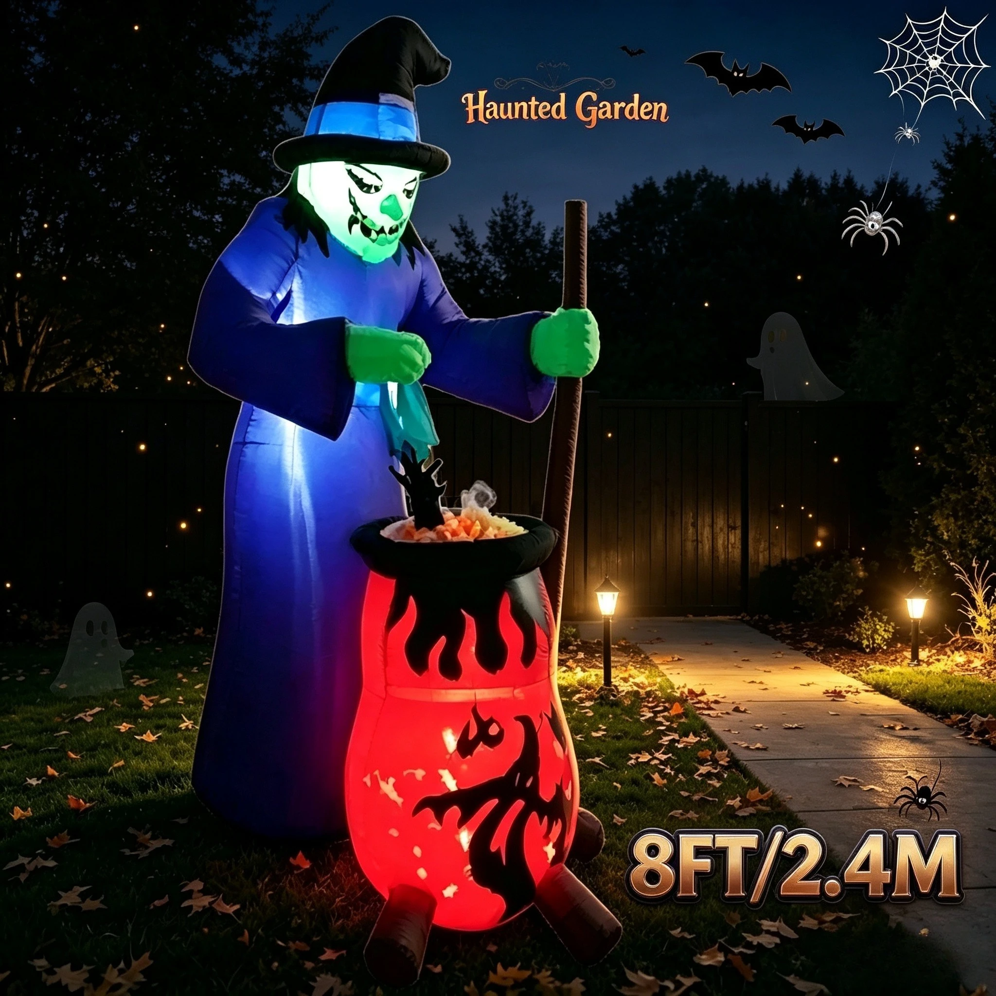 7.9FT Halloween Inflatable Toys Blue Robe Witch Cauldron LED Light Outdoor Holiday Decorations Lawn Party Scary Ornaments