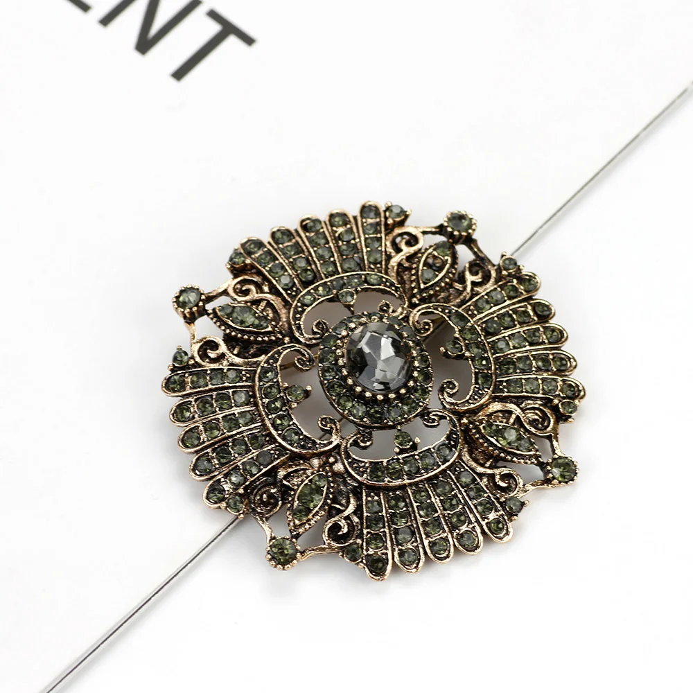 Sunspicems Vintage Brooch Gray Crystal Turkish Ethnic Jewelry Antique Gold Color Hijab Caftan Pins Bohemia Bridal Gift Wholesale