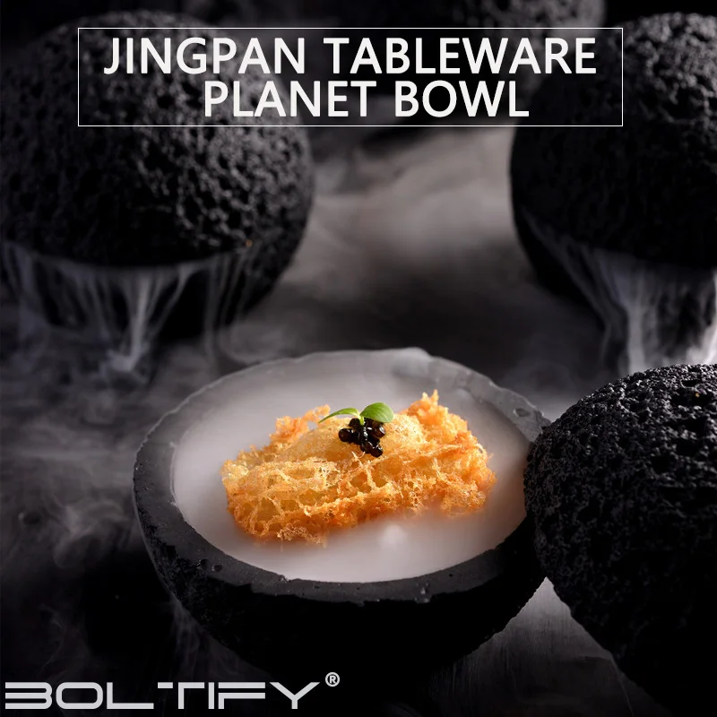 

Planet bowl Creative bowl of molecular cuisine Imitation volcanic stone ball disk Round smoked bowl Black tableware Soup bowls