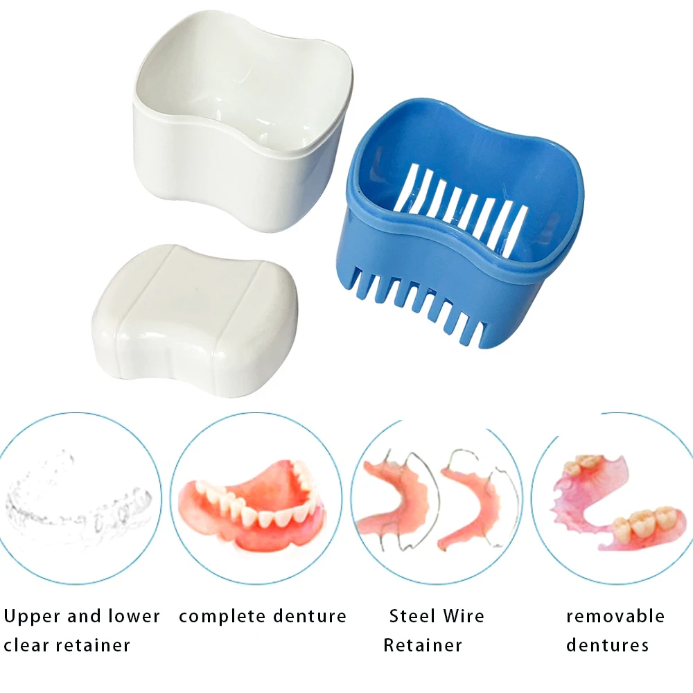 2pcs Denture Bath Case with Strainer Basket Orthodontic Dental Retainer Storage False Teeth Soak Container Cleaning Soaking Cup