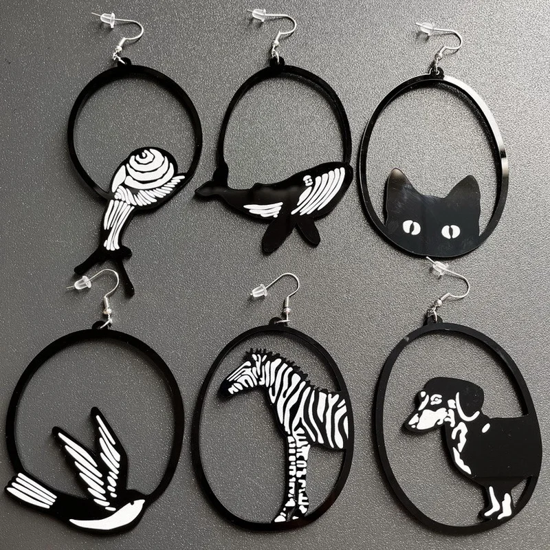 Exaggerated Big Zebra Snail Black Animal Acrylic Earrings For Women Funny Swallow Dachshund Dog Whale Black Cat Drop Earrings