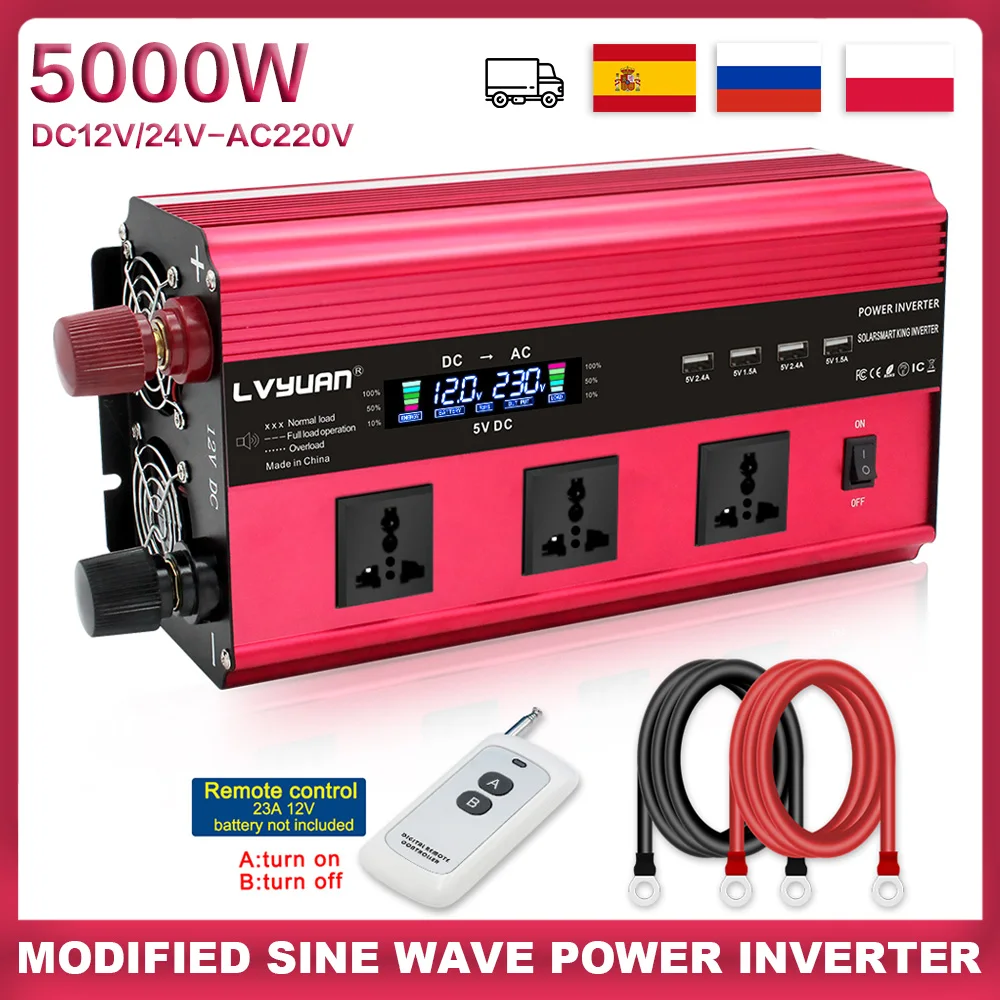 

5000W Car Power Inverter DC 12V/24V to AC 220V 50Hz/60Hz With 4USB Ports, LED Display 3AC Sockets For Outdoor Home Appliances