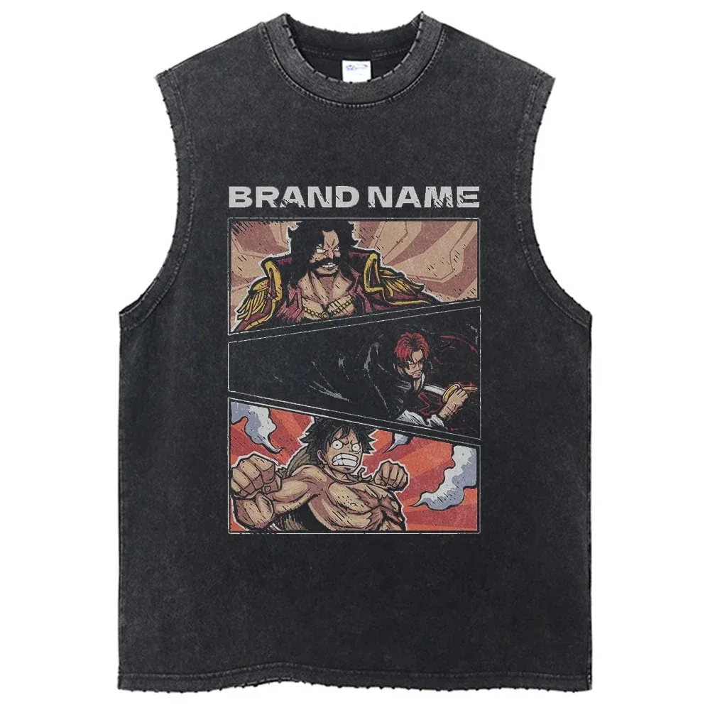 One Piece Vest Washed T-Shirt Anime Guts Graphic Tank Top Cotton Sleeveless Streetwear Loose Trend T Shirt Men\'s Clothing Unisex