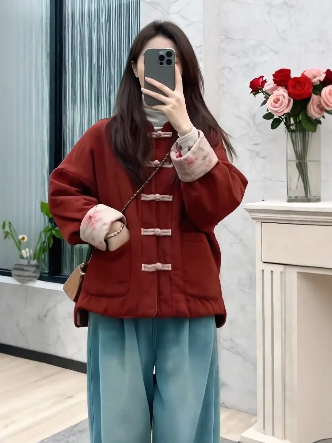 เสื้อโค้ทผ้าฝ้ายสองด้านสไตล์เกาหลีสำหรับผู้หญิง แฟชั่นทรงสลิม ทรงตรงแบบจีน แขนยาว