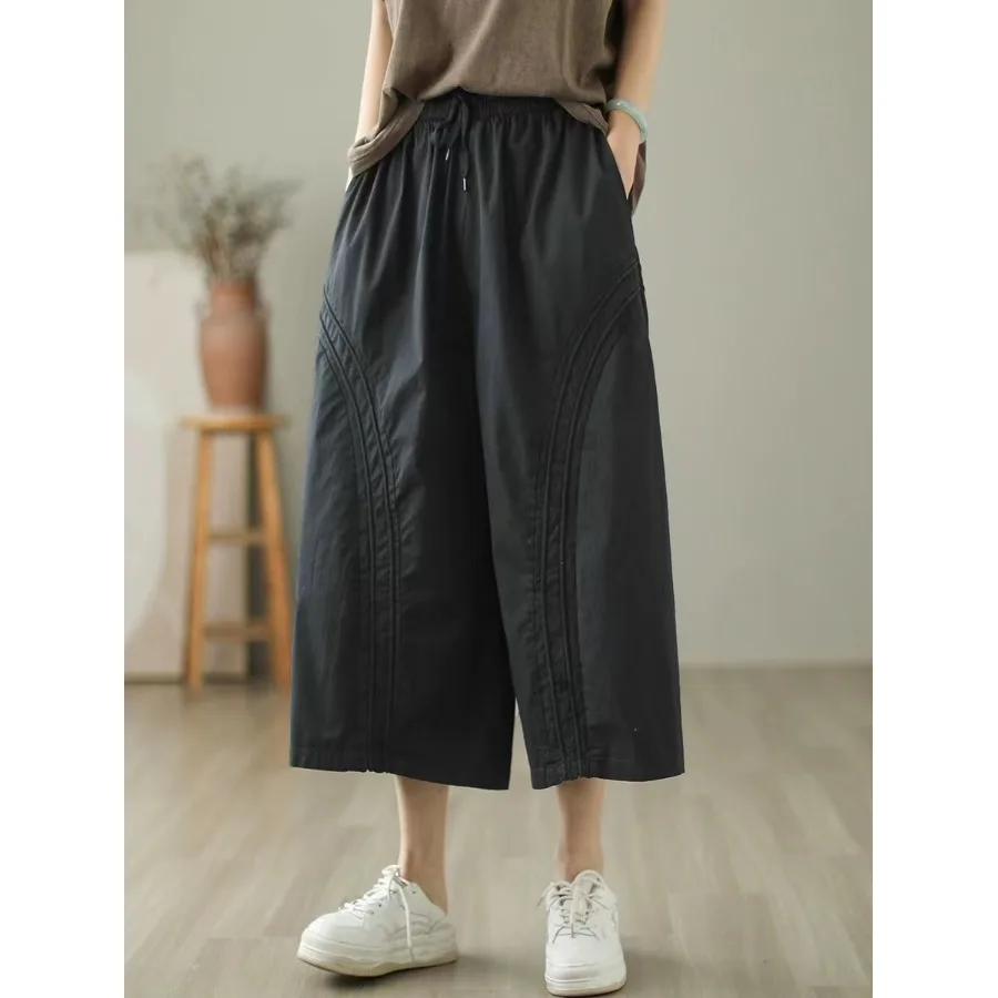 Retro algodão gingham calças de perna larga feminina verão solto simples cintura elástica nove pontos cinto calças saia casual