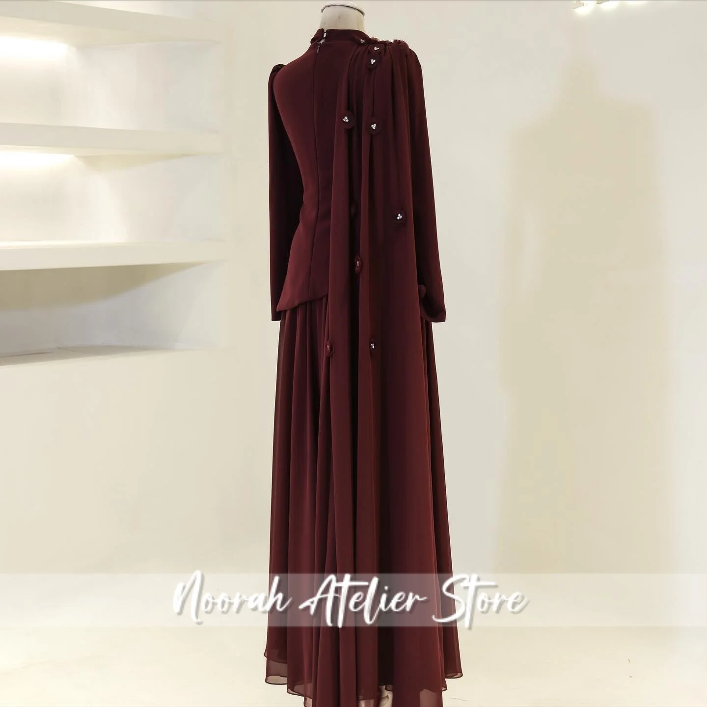 New 3D Flower Bead Elegant Muslim Women's Evening Dress 2025 Dubai Long Sleeves Celebrity Dress Crepe Gown Vestidos Customized