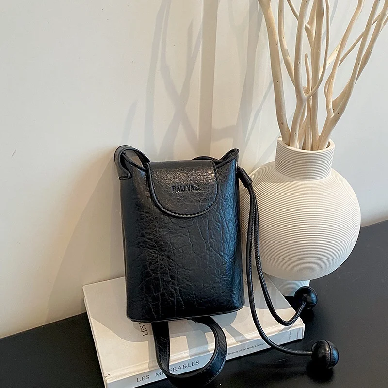 Women Mini Phone Crossbody Bag With Bead Strap Decor Flap Closure Solid Color Textured Vertical Shoulder Purse Daily