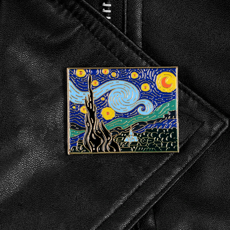 The Starry Night Enamel Pin Custom Van Gogh Oil Painting Brooch for Shirt Lapel Bag Art Badge Artist Jewelry Gift for Friends