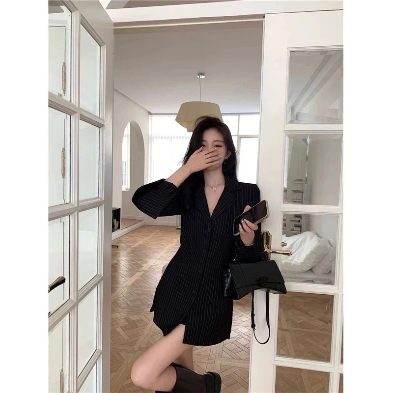 Elegant Striped Shirts Women Korean Black Bandage Long Sleeve Slim Blouses Office Lady Fashion Sexy V Neck Tunic Casual Tops New