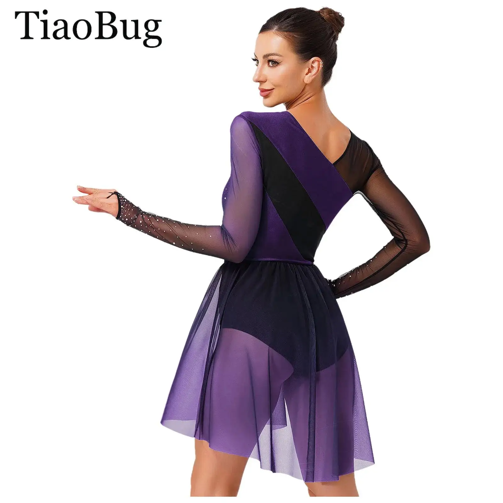 

Girls Gymnastics Ballet Leotard Dress Figure Ice Skating Dress Rhinestones Sheer Mesh Overlay Lyrical Dance Performance Costume