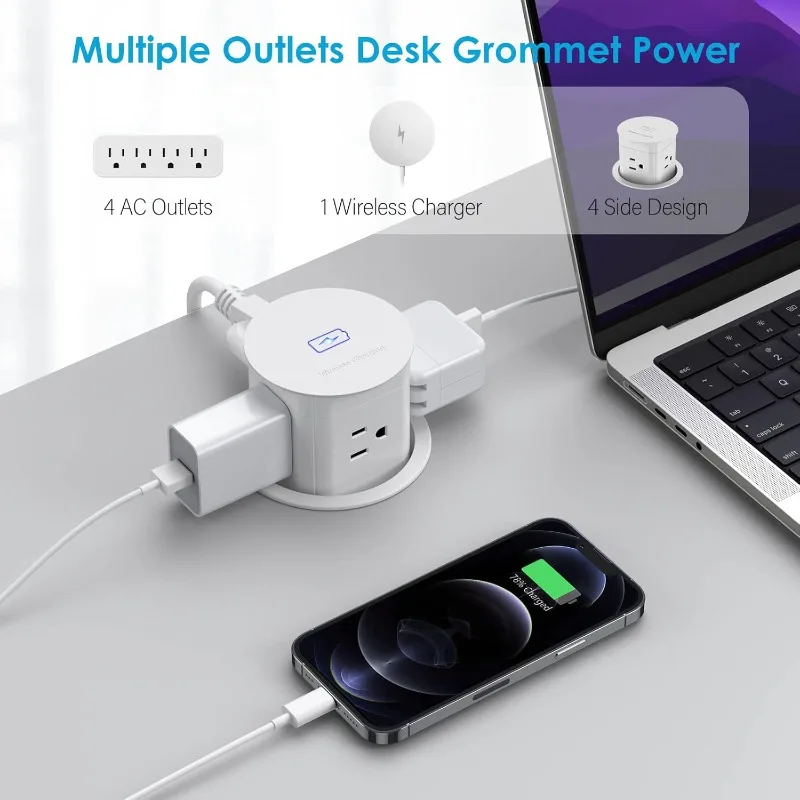 Pop Up Outlet with 15W Wireless Charger, Space Saver Pop Up Power Outlet for Kitchen Countertop,Office Conference Table (White)