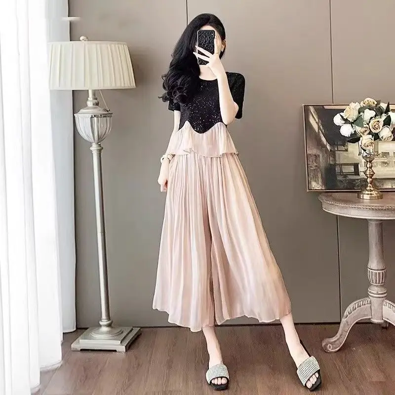 

Women's Suit INS Colorblocking Loose Casual Printed Short Sleeve Single Breasted Tops Pants Elastic Waist Suits Womenswear Trend