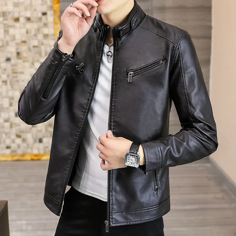 

Autumn Winter Stand Collar Loose Casual PU Lether Jacket Male Add Velvet Warm Zipper Coat Men Trend Fashion Cardigan Top Outwear