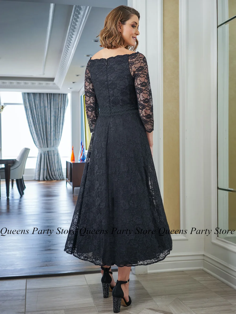 Black Lace Mother of The Bride Dress Groom's Mom Short Party Gown V Neck 3/4 Sleeves Tea Length A Line Wedding Guest Dresses