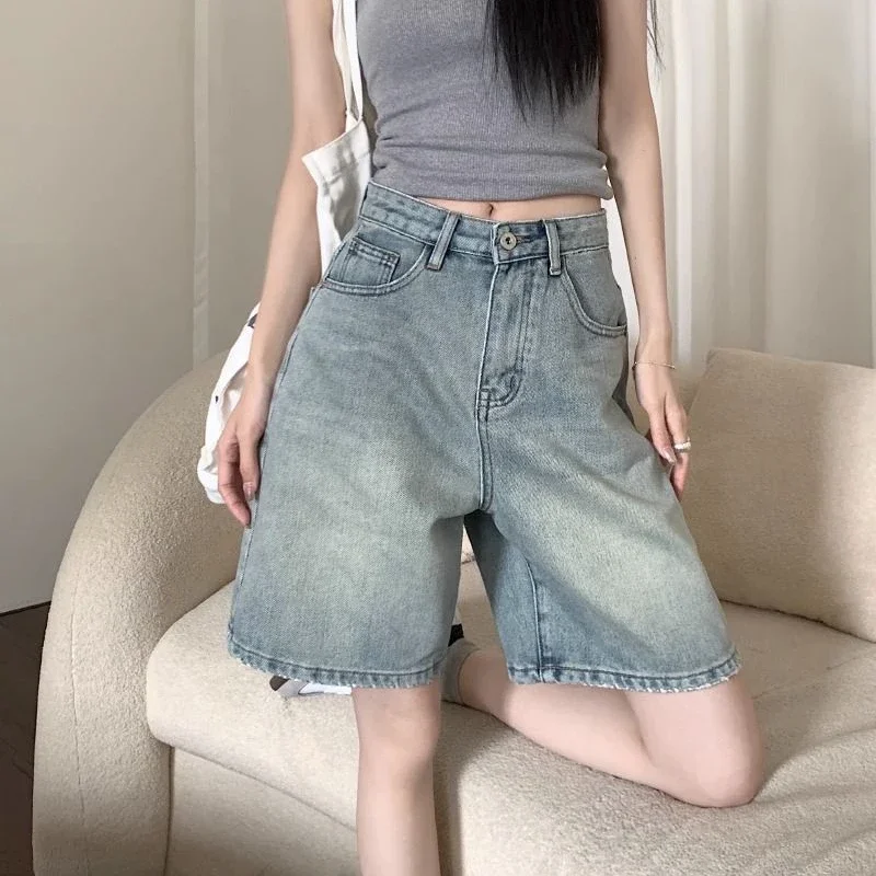 Vintage High Waist Denim Shorts Women Y2K High Street Fashion Light Blue Short Jeans Summer All Match Distressed Straight Shorts