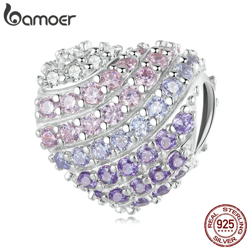 

Bamoer 100% 925 Sterling Silver Pavé Shining CZ Gradient Heart-Shaped Bead fit Female Bracelet & Bangle Bead Jewelry DIY Making