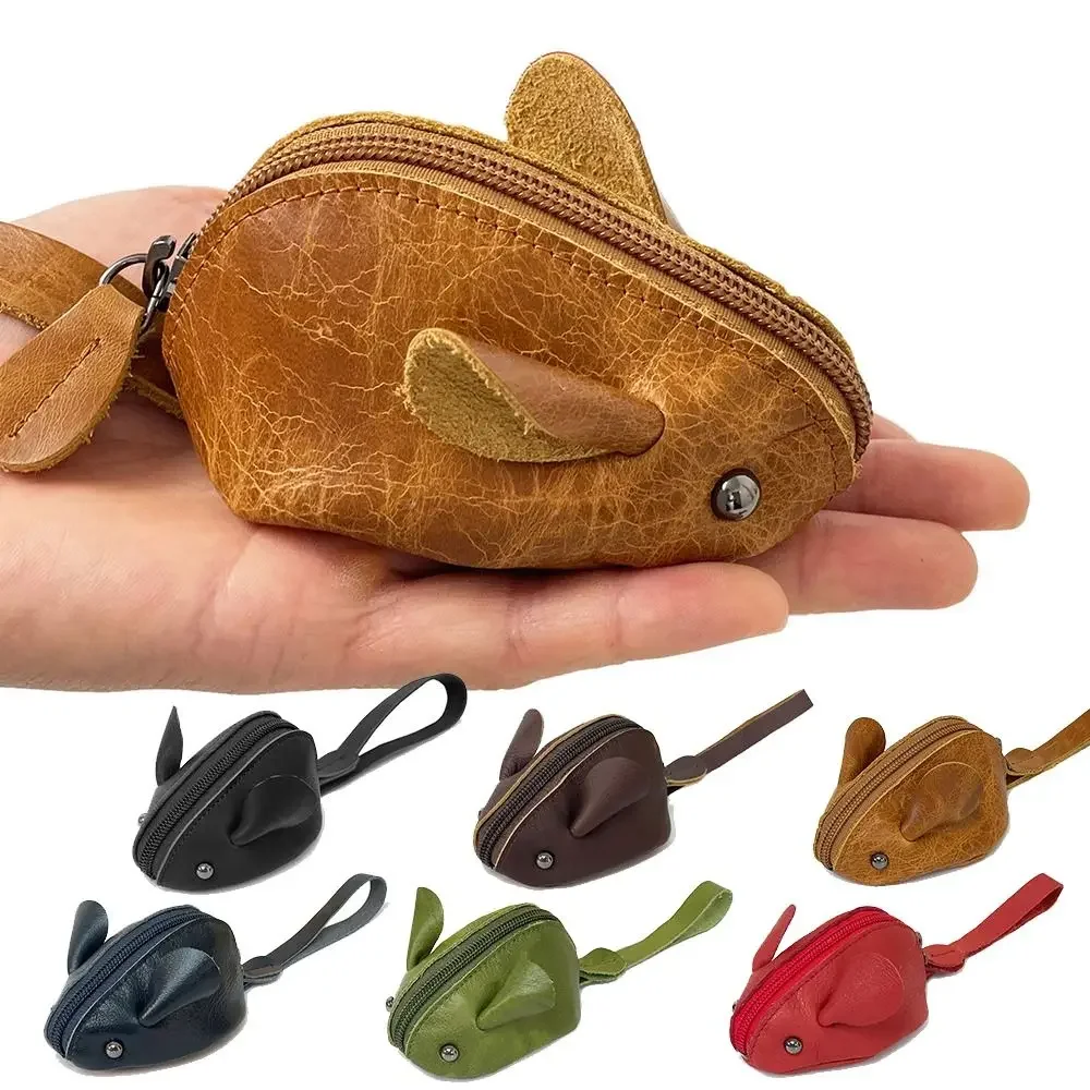 

Genuine Leather Mini Coin Purse Cartoon Mouse Design Vintage Portable Wallets Solid Color Children's Key Bags Men Women