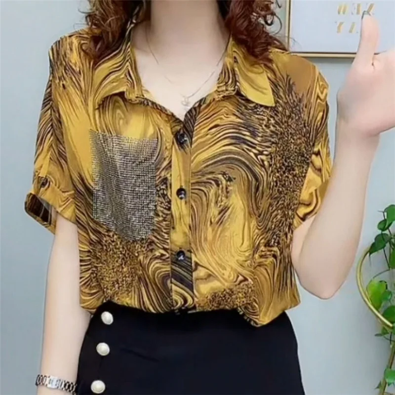 Retro Rhinestone Leopard Print Fashion Loose Street Shirts for Women Summer Casual Lapel Short Sleeve Top Blouse Blusas Clothes