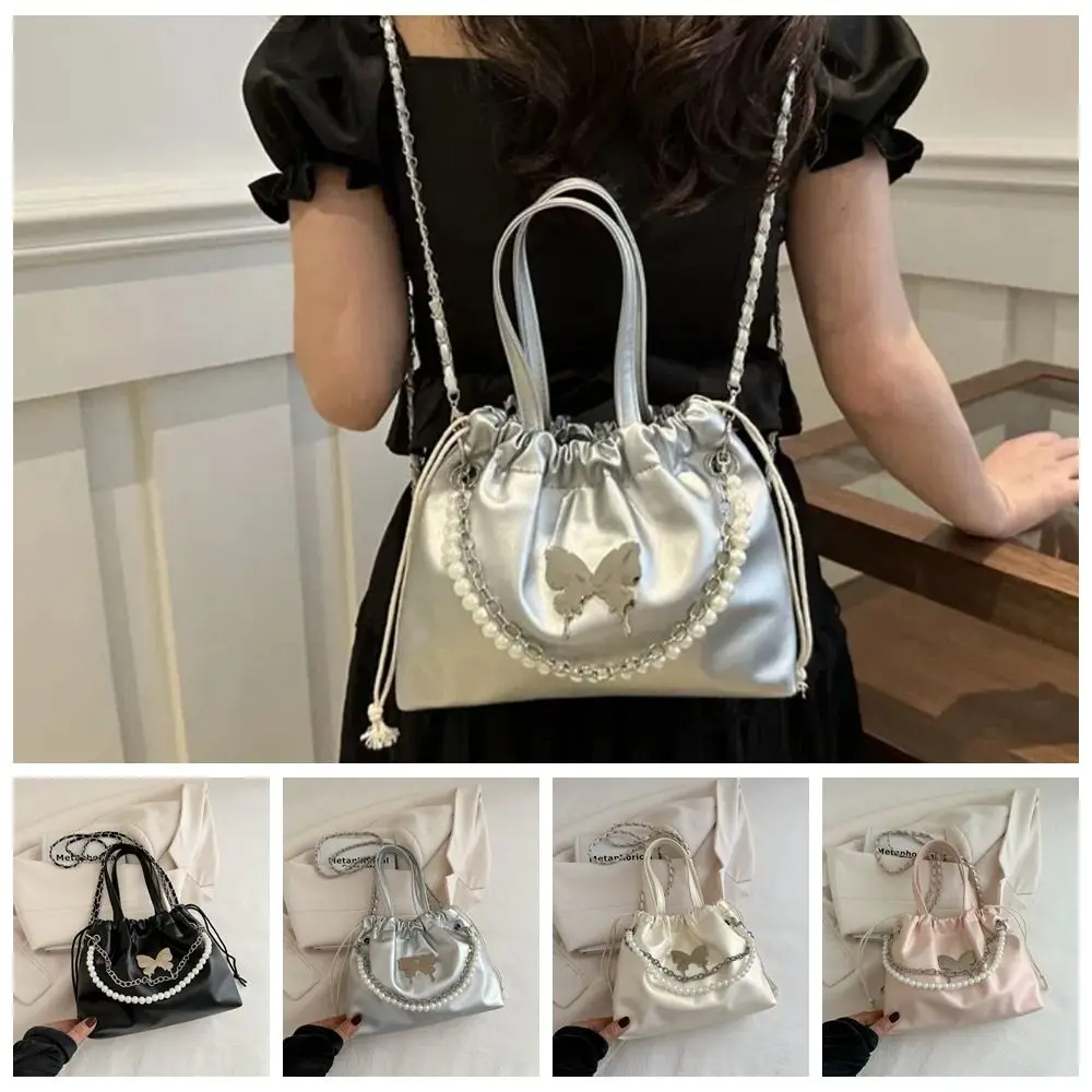 Magnetic Buckle Drawstring PU Backpack Butterfly Decor Beaded Decor Drawstring Shoulder Bag Metal Chain Korean Style