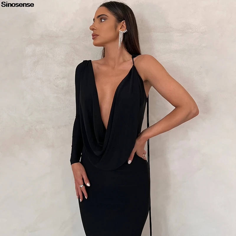 Womens Elegant Wedding Guest Cocktail Party Maxi Dress Sexy One Shoulder Long Sleeve Slim Bodycon Club Dinner Evening Dress