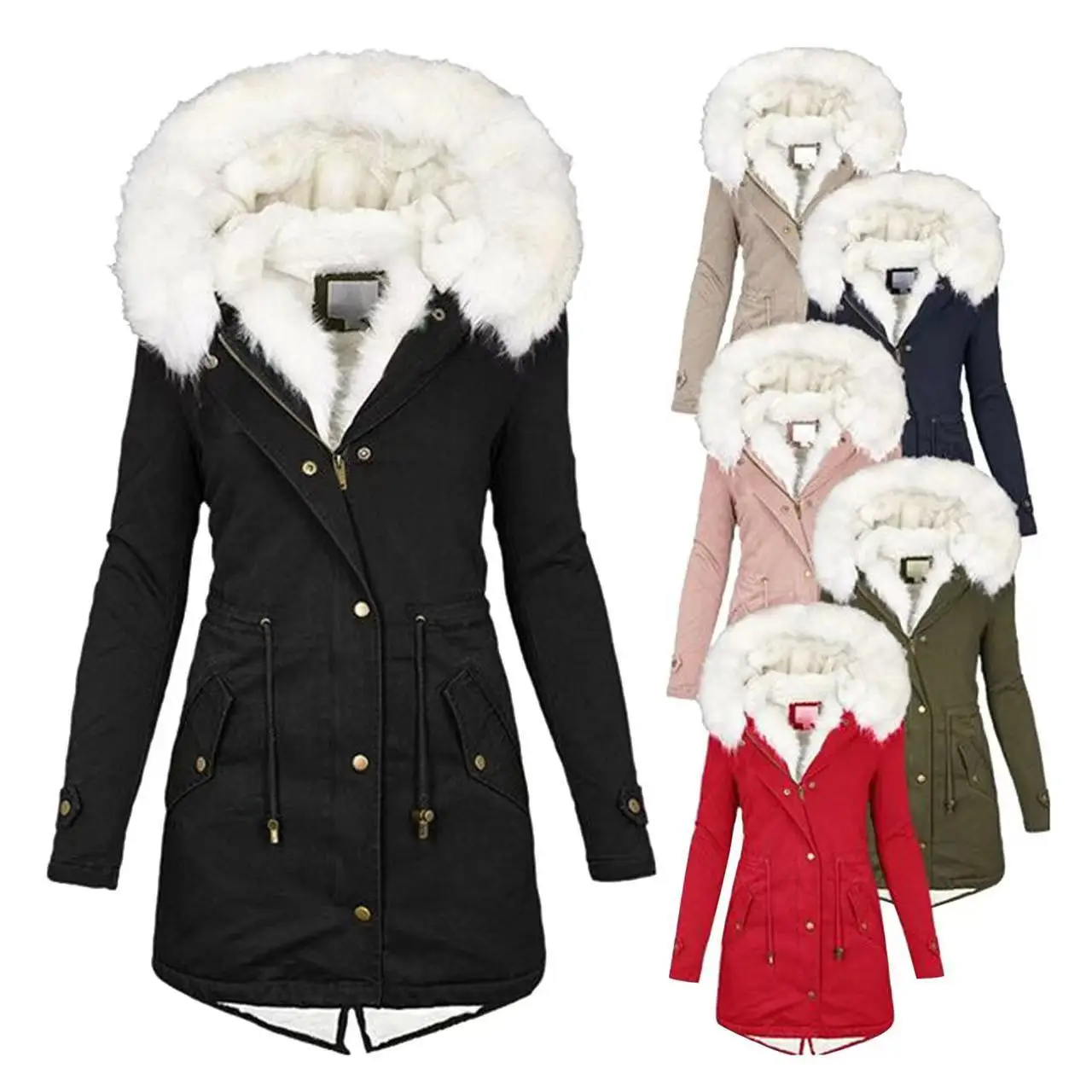 Giacca lunga invernale da donna Casual spessa calda pelliccia sintetica peluche collo in pelliccia con cappuccio Parka cappotto da neve femminile giacche soprabito sottile senртка