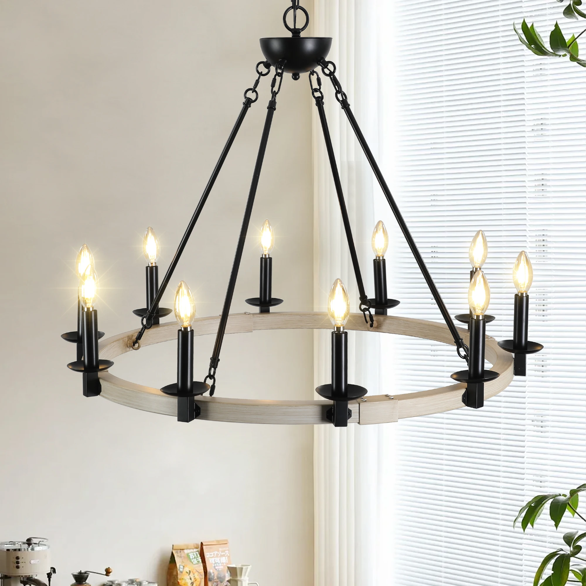 31.5-inch Countryside Farmhouse 10-Light Candle Chandelier, Black Metal and Wood Round Suspension Light for Dining Room, Kitchen, Living Room, Adjustable Height, E12 Bulb Base (Bulb Not Included)