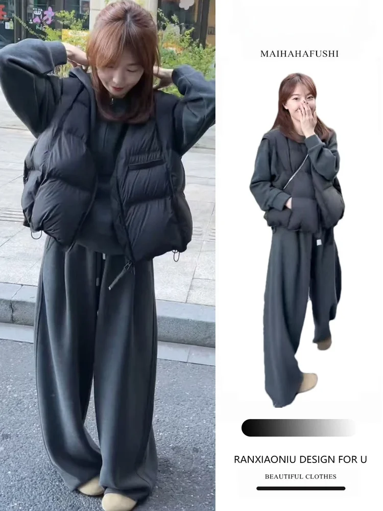 

Корейский комплект для женщин в стиле ленивого шик: худи, хлопковый жилет, брюки с широкими штанинами. Модный осенне-зимний наряд.