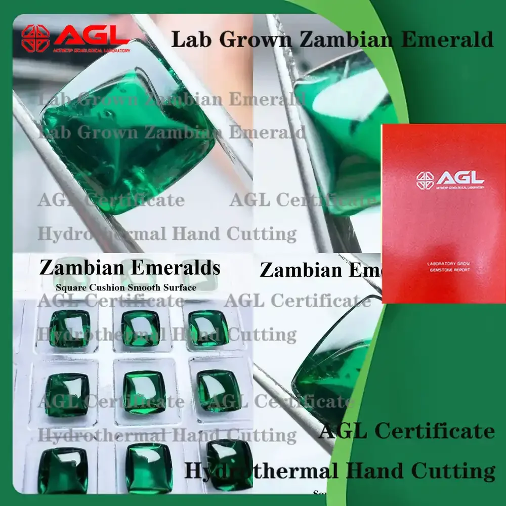 

Lab Grown Zambian Emeralds for Jewelry Making Square Cushion Cut Smooth Surface with Natural Inclusions AGL Certified Lab