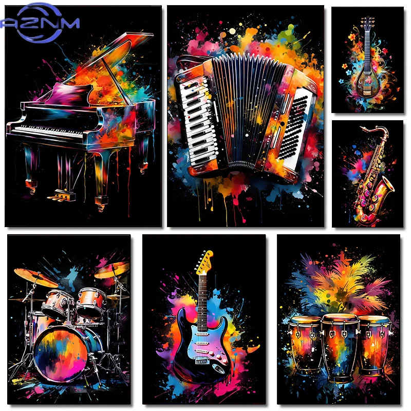 クラシックファッション楽器ピアノギター音楽祭ポスターキャンバ - Musical Instrument Art のレビューと価格