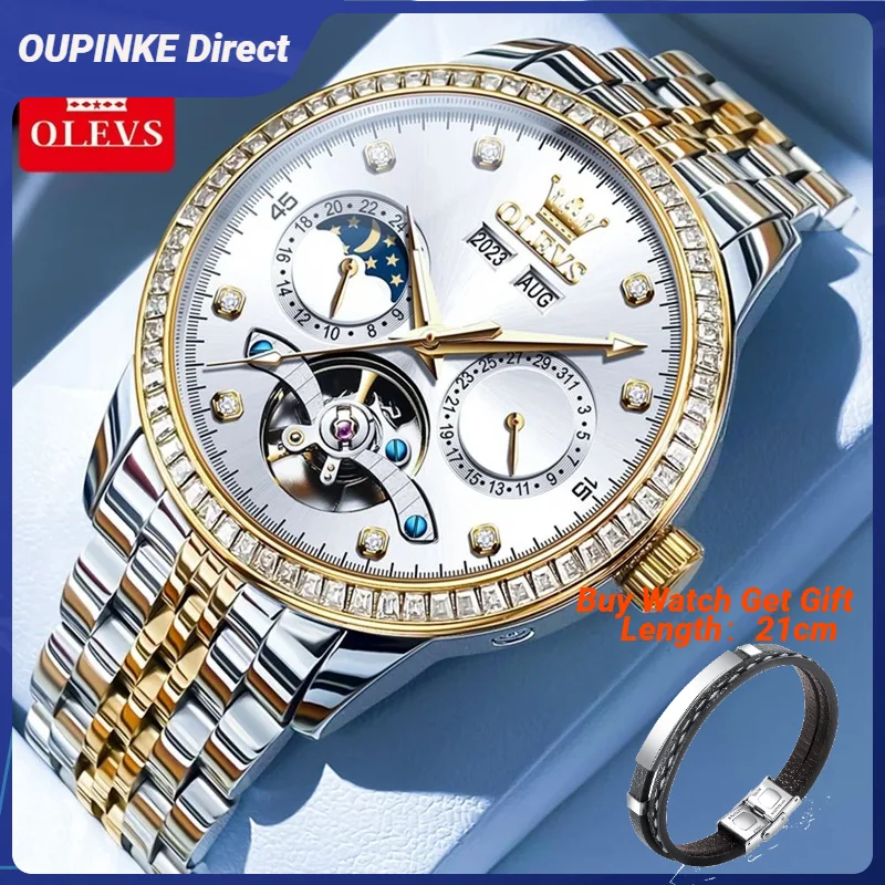 

OLEVS 7016 Fashion Mechanical Watch for Men Flywheel NEW Moon phase Waterproof Diamond Bezel Dress Automatic Wristwatch Man