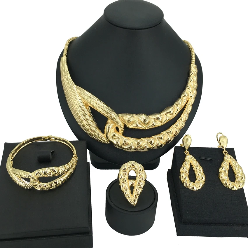 France High Quality Necklace Bracelet Jewelry Set Nigerian Luxury Bride Wedding Gift African Plated Choker Necklace Set FHK14402