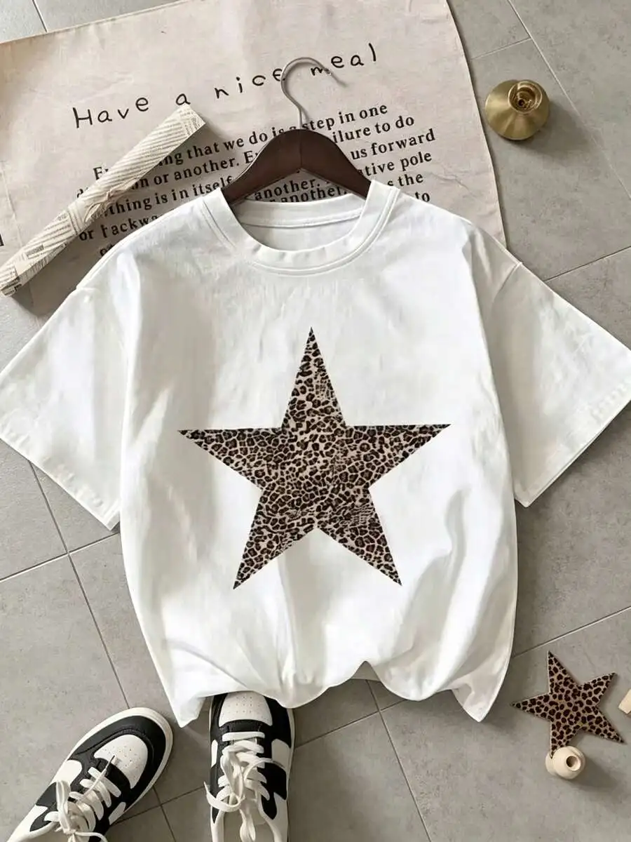 Women White T Shirt Leopard Star Print Short Sleeve Casual Loose Fit Spring Summer Daily Wear Trendy Spring Summer Outfit Top