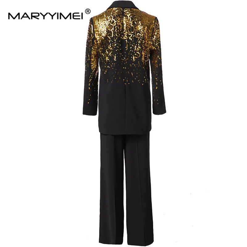 MARYYIMEI Autumn Winter luxury Suit Women's Notched Long-sleeve Sequins Tops+Black Wide leg pants Elegant 2 piece set