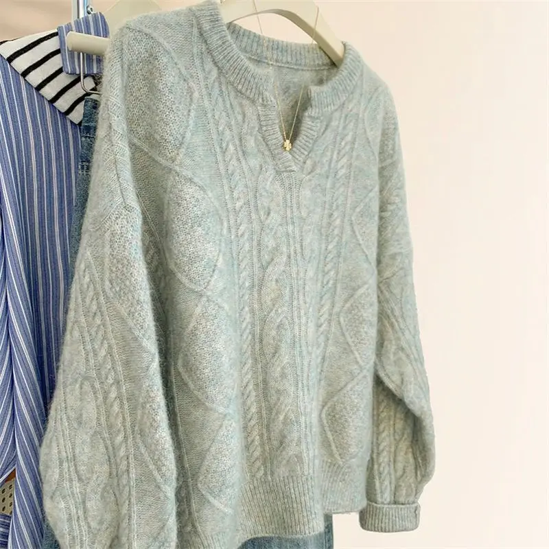 

Women's V Neck Cable Knit Sweater Winter Loose Fit Pullover Casual Solid Color Tops Korean Style Cozy Warm