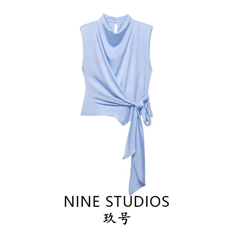 

Silk Satin Feel Padded Shoulder Knot Sash Sleeveless Top Vest NINE ZAR Women's Fashion Spring 2026 Short Length