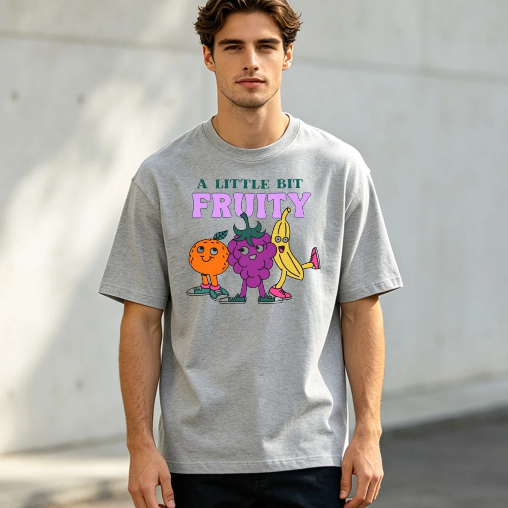 Cartoon Walking Orange Grape Banana A Little Bit Fruity Letter Graphic Crew Neck Cotton T Shirt Men Blouse Daily Office Commute