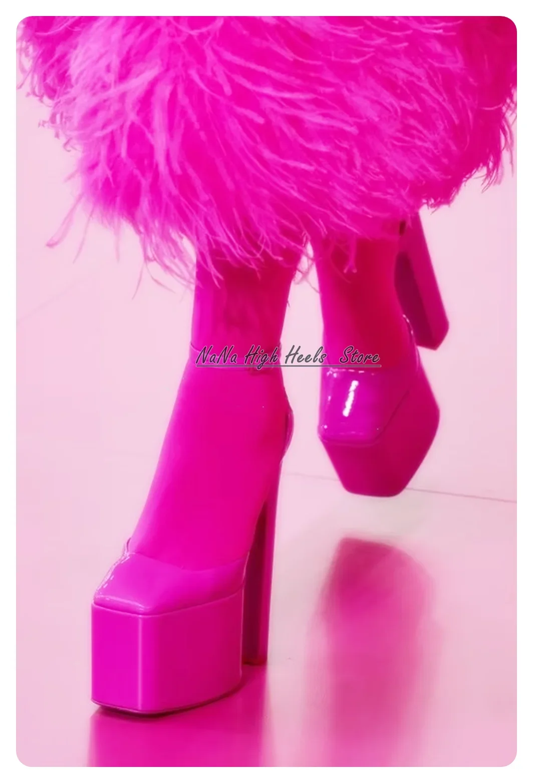 

Fashion Luxury Fuchsia Square Toe Sandals Sexy Women Fall Pink Block High Heel Sandals Ladies Buckle Platform Shoes