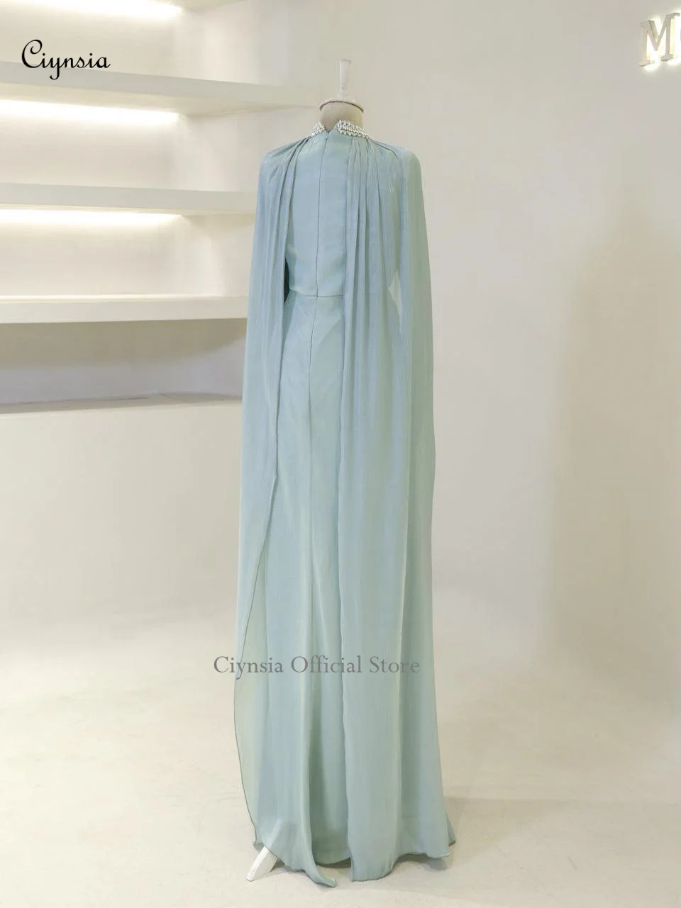 시인시아 이슬람 무슬림 이브닝 드레스 여성 우아한 비즈 크리스탈 넥 롱 슬리브 정장 드레스 베스티도스 데 갈라