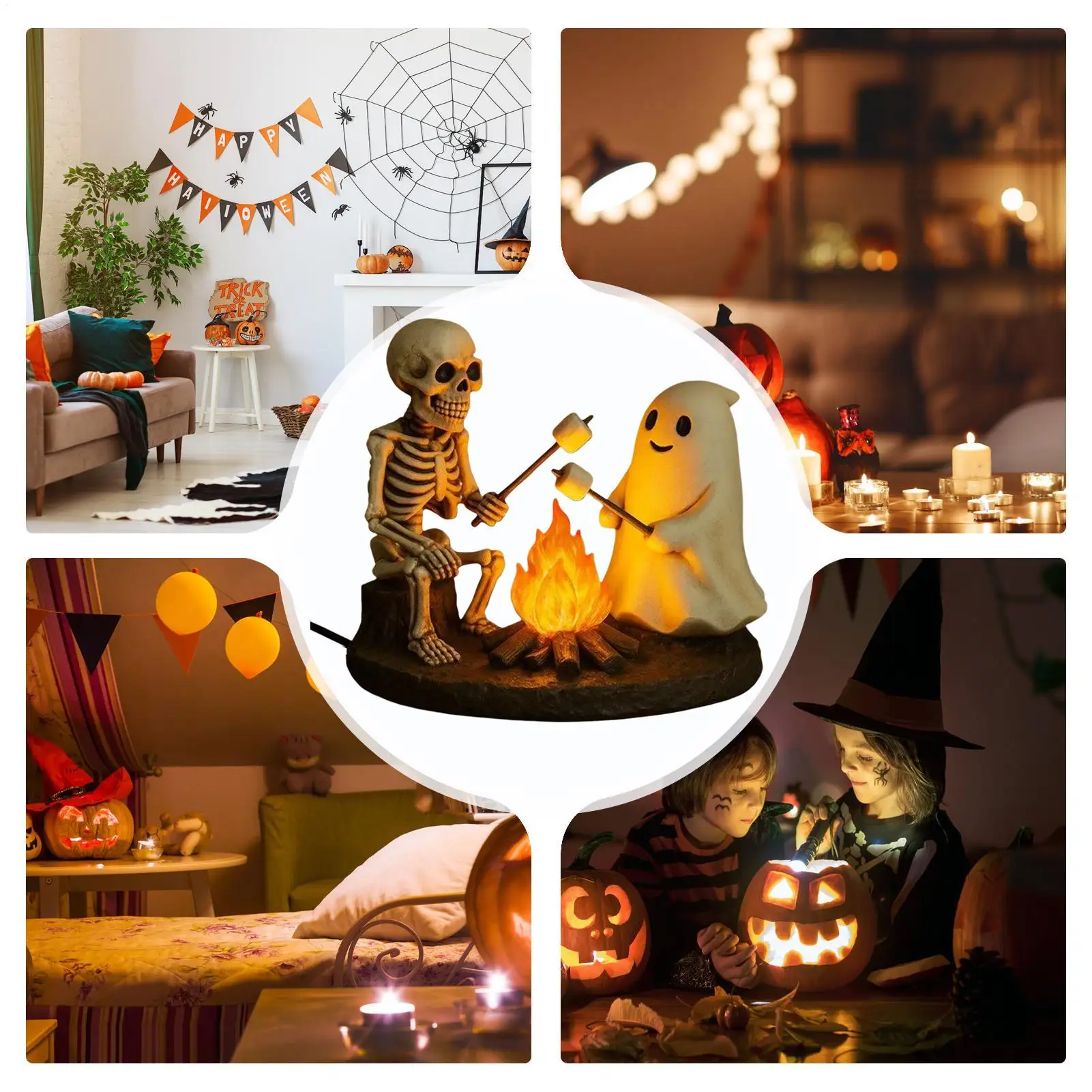 Halloween night light Skeleton and Ghost Bonfire Night Lamp Skeleton Ghost Campfire Flickering Night Light Indoor Figurine Lamp