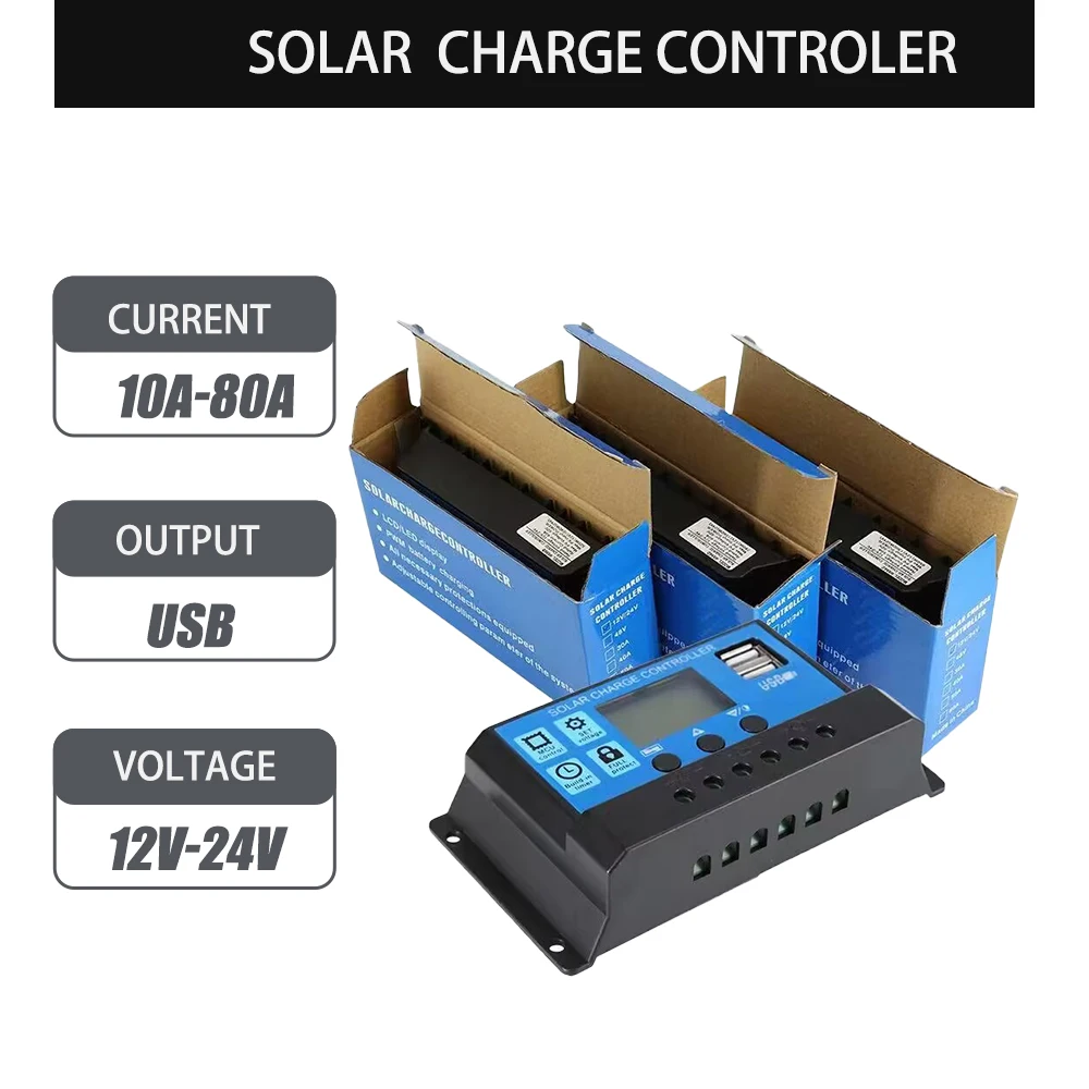 10A 20A 30A 60A Solar Panel Controller 12V/24V Battery Charge Regulator 2 USB 10A~100A Photovoltaic Cell Panel Charger Regulator