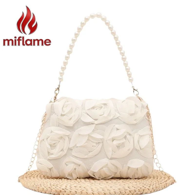 

Rose 3D Floral Crossbody Handbag with Pearl Chain Accent Structured Elegant Shoulder Bag for Daily Urban Commute