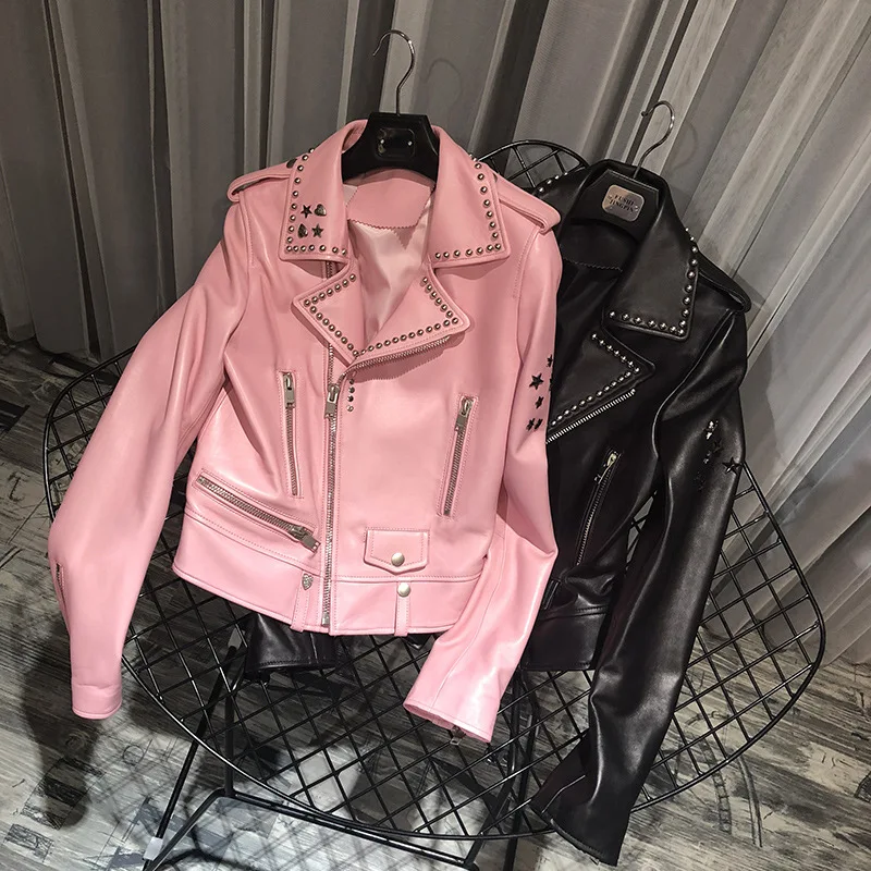 Fashion Rivet Women Real Sheepskin Jackets Coat 2024 Autumn Short Long Sleeve Female Black Pink Zipper Moto Biker Leather Jacket